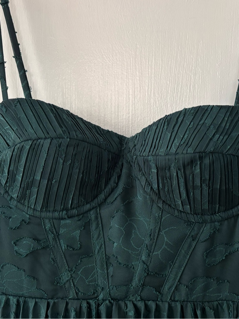 Lulus Dacie Emerald Floral Burnout Pleated Bustier Maxi Dress Green XS HEMMED - Picture 4 of 6